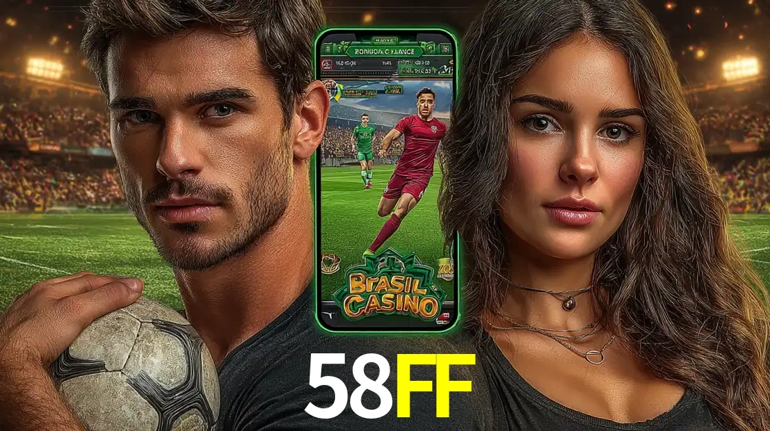 Homem segurando uma bola de futebol e uma mulher ao lado de um smartphone exibindo o jogo de apostas esportivas da 58FF. Faça seu palpite no cassino online.